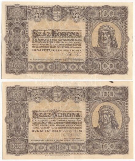 1923. 100K 'Magyar Pénzjegynyomda Rt.' nyomdahely jelöléssel (2x) T:II-,III gyűrődések, fo., de erős papír Adamo K30