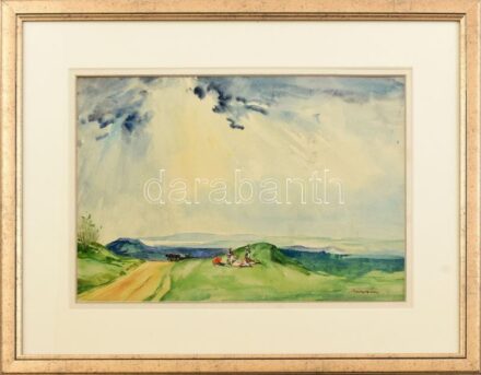 Marosán Gyula (1915-2003): Pihenő. Akvarell, papír. Jelzett. Üvegezett fakeretben. 23x33,5 cm