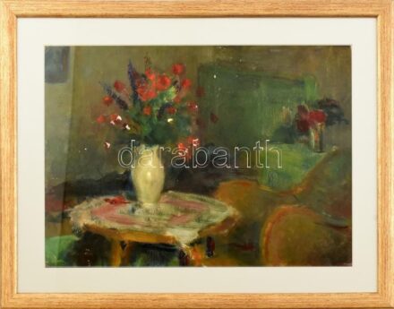 Dobos Lajos (1921-2012): Csendélet, 1971. Olaj, papír, jelzett. Üvegezett, dekoratív fakeretben. 29x41 cm.
