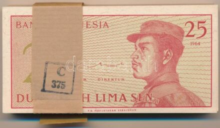 Indonézia 1964. 25s (100x) eredeti, sérült kötegelővel, sorszámkövetők T:I,I- Indonesia 1964. 25 Sen (100x) with original, but damaged wrapper, consecutive serials C:UNC,AU Krause P#93