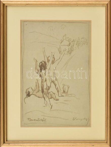 Komjáti-Wanyerka Gyula (1894-1958): Borszéktől. Lavírozott tus, papír, jelzett, üvegezett fakeretben. 20×13 cm