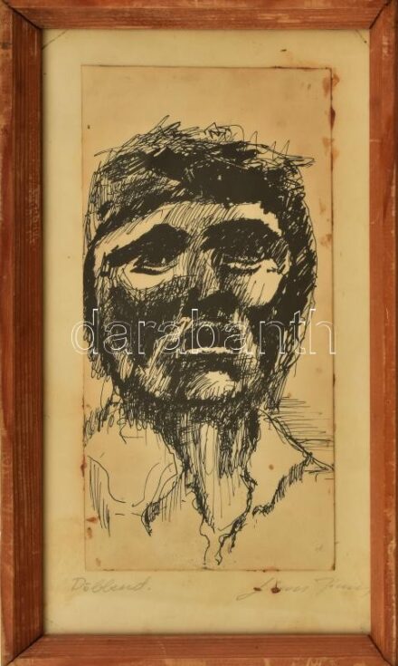 Olvashatatlan (...János) jelzéssel: Döbbenet. Tus, papír. Kissé foltos. Üvegezett fakeretben. 19x9,5 cm