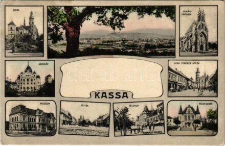 1906 Kassa, Kosice; Dóm, Mihály kápolna, Színház, Múzeum, Fő tér, Fő utca, Andrássy palota, Pályaudvar, Vasútállomás, Deák Ferenc utca / chapel, theatre, museum, main square, main street, palace, railway station. Art Nouveau (lyuk /