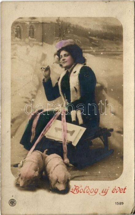 1910 Boldog új évet! Pezsgőző hölgy malacokkal / New Year greeting, lady drinking champagne with pigs (EK)