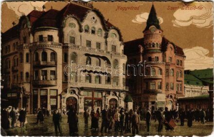 1916 Nagyvárad, Oradea; Szent László tér, Fekete Sas szálloda, Vigadó Mozgó mozi, Első magyar biztosító, Magyar-Franczia Biztosító, Róna Andor üzlete / square, hotel, cinema, insurance company, shops (b)