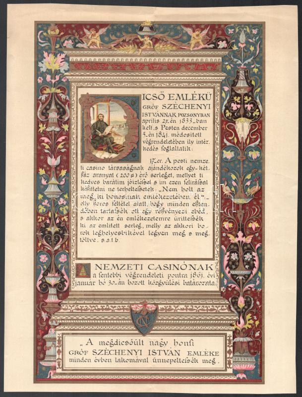 1929 A 'Széchenyi-eszme' - a Nemzeti Casino köynvkiadása Széchenyi beszédeivel, litho emléklap, hajtott, 3p