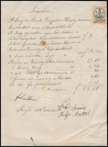 1881 Szeged, a Szegedi Szerb Templomközség részére kiállított számla javítási munkálatokról, 5 kr okmánybélyeggel