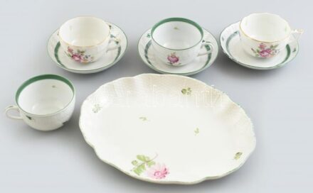 Vegyes herendi tétel, csésze, aljak és tálka, kézzel festett porcelán, jelzett, kopott.