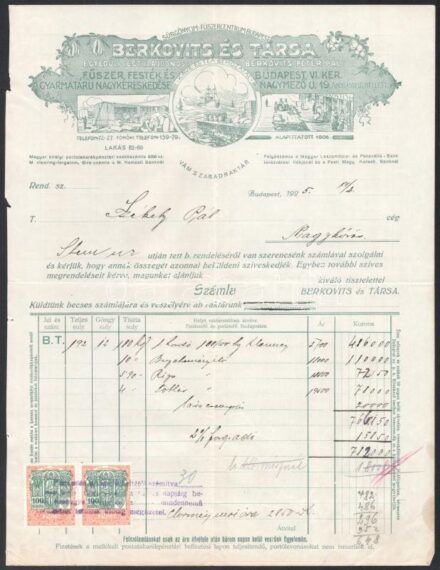 1925 Bp., Berkovits és Társa fűszer, Festék és Gyarmatáru Nagykereskedése fejléces számla illetékbélyeggel