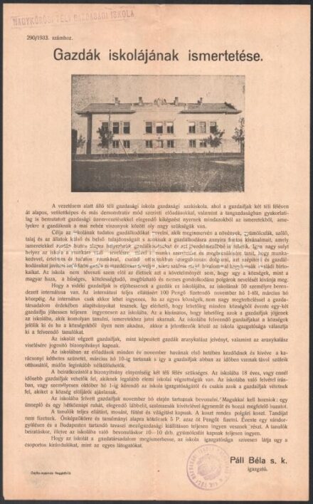 1933 Nagykőrösi Téli Gazdasági Iskola - Gazdák iskolájának ismertetése