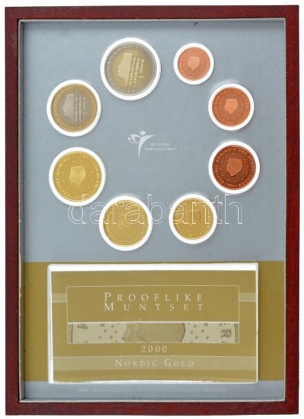 Hollandia 2000. 1c-2EUR (8xklf) forgalmi sor eredeti díszcsomagolásban, tájékoztatóval, fa keretben T:1 a tájékoztatót tartó műanyag törött Netherlands 2000. 1 Cent - 2 Euro (8xdiff) coin set with prospectus, in original, framed