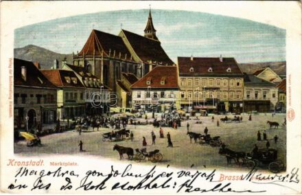 1901 Brassó, Kronstadt, Brasov; Fő tér, piac, hintók, Fekete templom, Heinrich Wagner, J. L. & A. Hesshaimer üzlete / main square, market, church, shops, bank (EK)