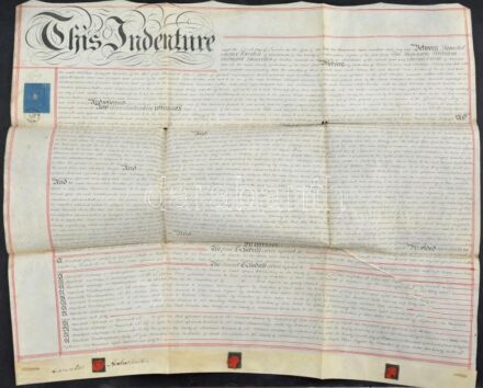 1856 Angol nyelvű birtokügyi szerződés Lancelot Archer-Burton és William Sebright Lascelles felek között, pergamen, viaszpecsétekkel, okmánybélyeggel / Indenture of Lease between Lancelot Archer-Burton and William Sebright Lascelles,