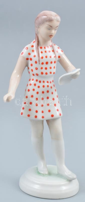 Drasche / Kispest porcelán kottát olvasó lány, kézzel festett, jelzett, kopott, m: 18 cm