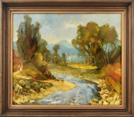 Olvashatatlan jelzéssel, feltehetően romániai magyar festő: Táj sétálókkal, 2002. Olaj, vászon. Hátoldalán román kiviteli pecséttel. Fakeretben. 45x56,5 cm