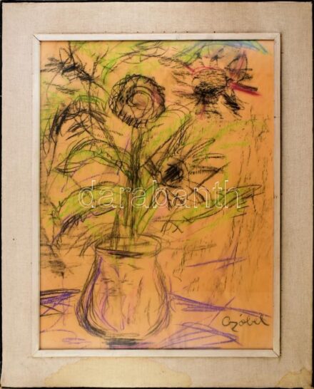 Czóbel jelzéssel: Csendélet. Vegyes technika, papír. Üvegezett fakeretben. 80x60 cm