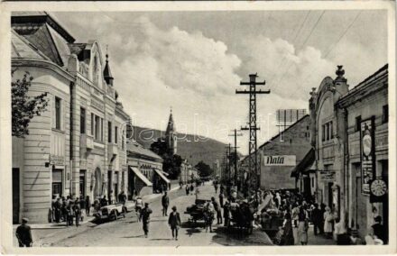 Nagyszőlős, Nagyszőllős, Vynohradiv (Vinohragyiv), Sevljus, Sevlus; Fő utca, bank, Salamon Rosenthal üzlete, automobil, piac. Béla Klein kiadása / main street, bank, shops, automobile, market (EK)