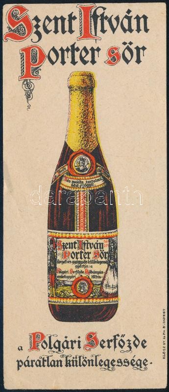 cca 1910-1930 Szent István Porter sör számolócédula, Klösz Gy. és Fia Bp.