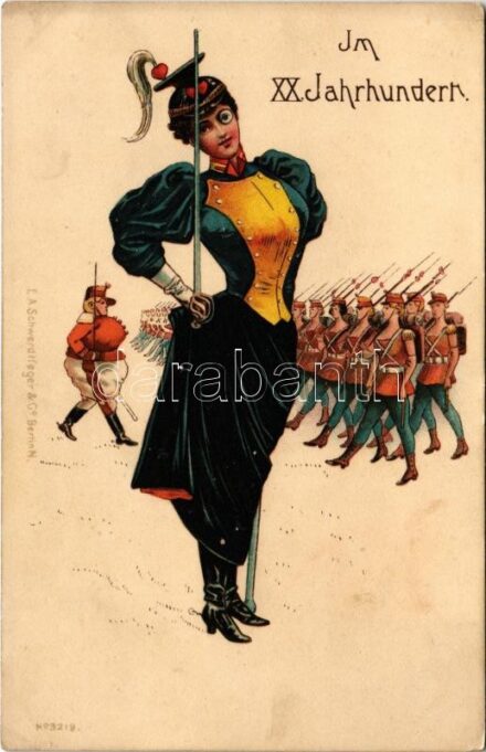 Im XX. Jahrhundert / A XX. században - Női hadsereg. Feminista képeslap / In the 20th century - Women's army. Feminist art postcard. E.A. Schwerdtfeger & Co. No. 3219. litho (EK)