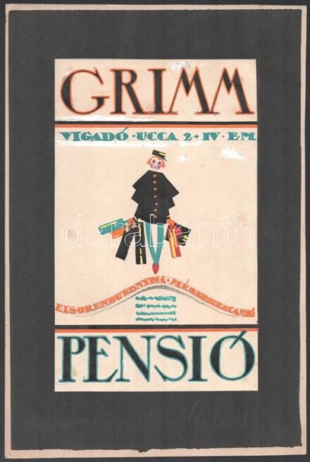 (Galambos Margit (?-?): 'Grimm Pensió, Budapest Vigadó ucca 2., art deco plakát- vagy reklám vázlat. Tempera, ceruza, papír, papírra kasírozva, jelzett, 24,5x15 cm