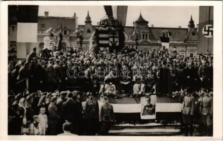1940 Nagyvárad, Oradea; bevonulás, Horthy Miklós és felesége Purgly Magdolna / entry of the Hungarian troops, Horthy and his wife + '1940 Nagyvárad visszatért' So. Stpl