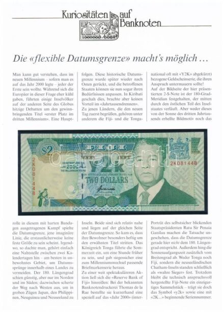 Fidzsi-szigetek 2000. 2$ 'y2k', német nyelvű 'Kuriositäten auf Banknoten' tájékoztatólappal T:III Fiji Islands 2000. 2 Dollars 'y2k', with 'Kuriositäten auf Banknoten' german language information sheet C:F