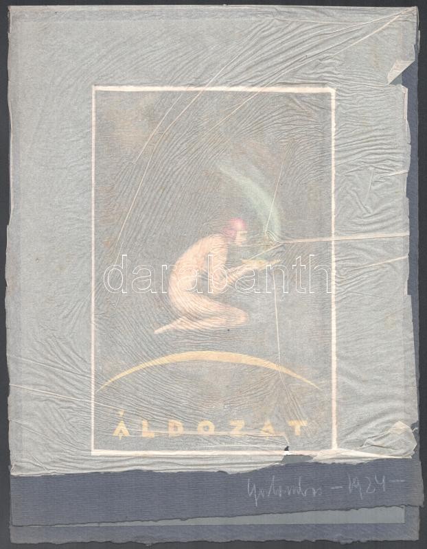 Galambos Margit (?-?): Áldozat, art deco könyvborító- vagy reklámterv, 1924. Tempera, ceruza, papír, papírra kasírozva, jelzett a hártyapapírhoz erősített kartonon, 22x14,5 cm - Image 3