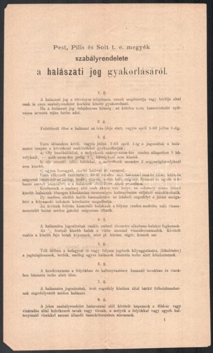 1874 Bp., Pest, Pilis és Solt megyék szabályrendelete a halászati jog gyakorlásáról