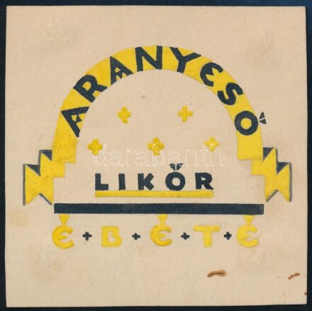 ÉBÉTÉ aranyeső likőr, Engl Bernát és Társa R.t,.art deco italcímke terv, 1930 körül. Tempera, ceruza, tus, karton. Jelzés nélkül, feltehetően Galambos Margit (?-?) alkotása. 7,5x7,5 cm.