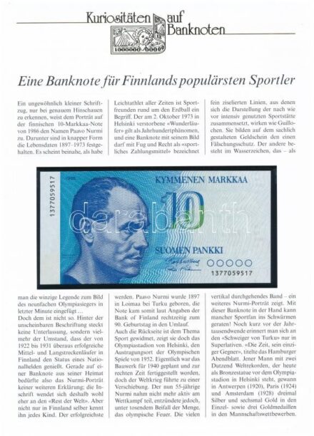 Finnország 1986. 10M, német nyelvű 'Kuriositäten auf Banknoten' tájékoztatólappal T:I Finland 1986. 10 Markkaa, with 'Kuriositäten auf Banknoten' german language information sheet C:UNC