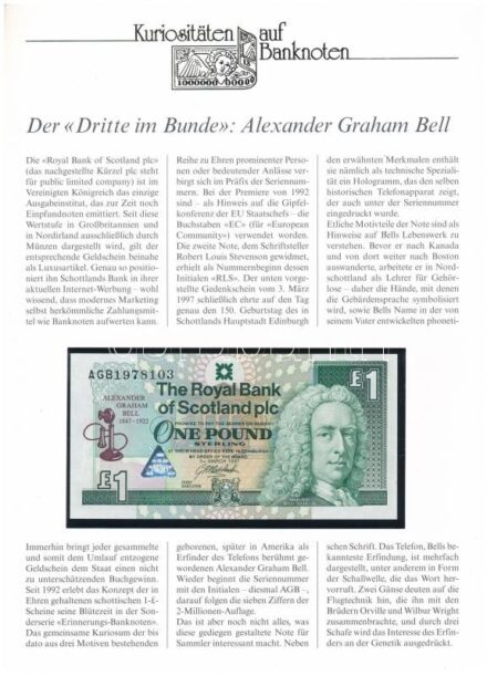 Skócia 1997. 1P 'Alexander Graham Bell', német nyelvű 'Kuriositäten auf Banknoten' tájékoztatólappal T:I Scotland 1997. 1 Pound 'Alexander Graham Bell', with 'Kuriositäten auf Banknoten' german language information sheet C:UNC Krause 359.