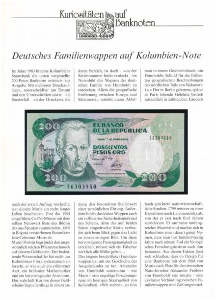 Kolumbia 1992. 200P, német nyelvű 'Kuriositäten auf Banknoten' tájékoztatólappal T:I Colombia 1992. 200 Pesos, with 'Kuriositäten auf Banknoten' german language information sheet C:UNC Krause 429.