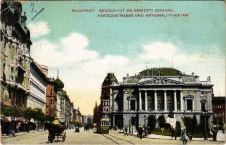 1910 Budapest VIII. Rákóczi út, Nemzeti színház (Népszínház), villamos (EB)