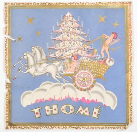 Thomé art deco csokoládé reklámos, illusztrált termékcsomagolás, 1930 körül. Jelzés nélkül, Galambos Margit grafikája. Sérült. 32x32 cm