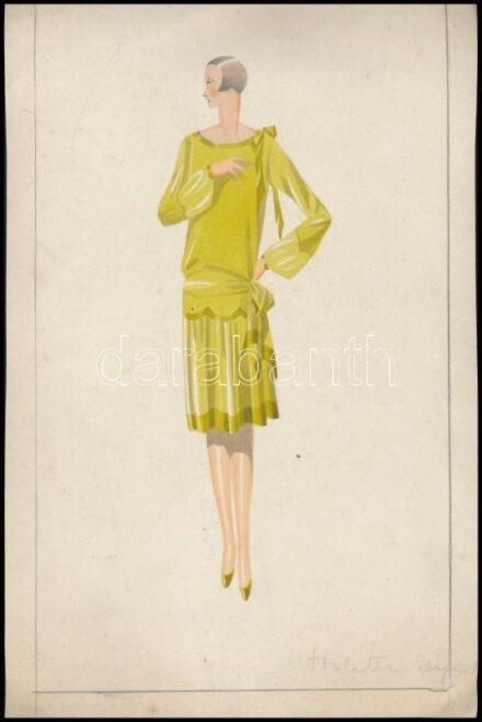 cca 1925-35 Art deco divatterv, 2 db. Ceruza, akvarell, papír, jelzés nélkül. 31x20 és 27x19,5 cm. Utóbbi lap alja vágott.