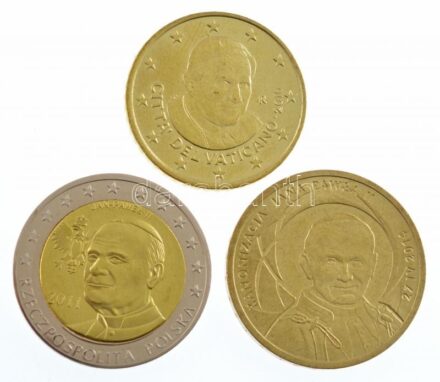 Lengyelország 2011. 2E próbaveret 'II. János Pál / Daru Pomorza' + 2014. 2Zl 'II. János Pál pápa kanonizálása' + Vatikán 2010. 50c 'XVI. Benedek' T:1,1- Poland 2011. 2 Euro trial strike 'John Paul II / Daru Pomorza' + 2014. 2 Zlote