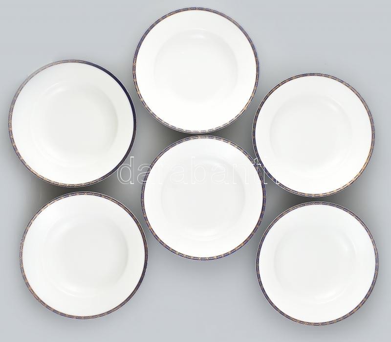 Art Deco levesestál, kék arany, 6 db, kopásokkal, jelzés nélkül, kopásnyomokkal. d: 25 cm