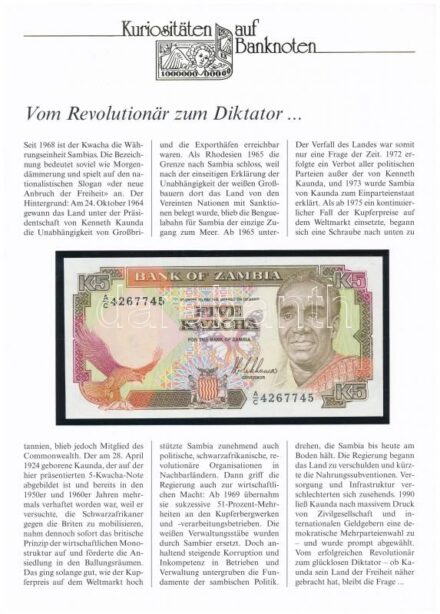 Zambia DN (1989) 5K, német nyelvű 'Kuriositäten auf Banknoten' tájékoztatólappal T:I Zambia ND (1989) 5 Kwacha, with 'Kuriositäten auf Banknoten' german language information sheet C:UNC