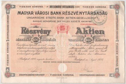 Budapest 1923. 'Magyar Városi Bank Részvénytársaság' 25 részvénye egyben, egyenként 400K-ról szelvényekkel + Budapest 1923. ''Taurus' Huskereskedelmi Részvénytársaság' huszonöt részvénye egyenként 1000K-ról, szárazpecséttel +