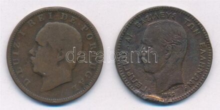 Görögország 1882A 10L Cu 'I. György' + Portugália 1883. 20R Br 'I. Lajos' T:3 patina, ph, kis ü. Greece 1882A 10 Lepta Cu 'George I' + Portugal 1883. 20 Reis Br 'Luiz I' C:F patina, edge error, small ding Krause KM#55, #527