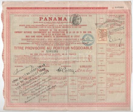 Franciaország / Párizs 1880. 'Panamai Óceánközi Csatorna Egyetemes Társaság' részvénye 500Fr-ról, bélyegekkel és bélyegzésekkel T:III France / Paris 1880. 'Compagnie Universelle Canal Interocéanique de Panama (Universal Interoceanic