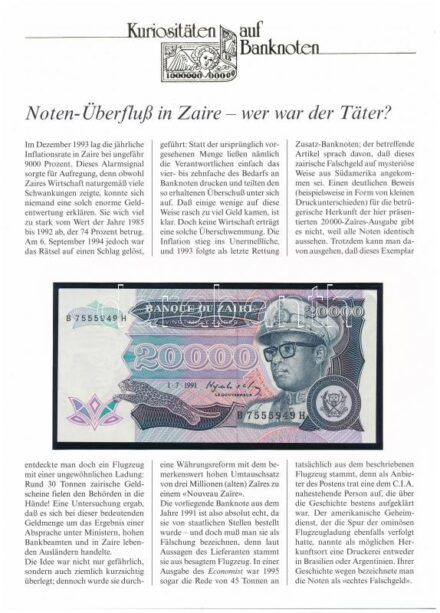 Zaire 1991. 20.000Z, német nyelvű 'Kuriositäten auf Banknoten' tájékoztatólappal T:I Zaire 1991. 20.000 Zaires, with 'Kuriositäten auf Banknoten' german language information sheet C:UNC