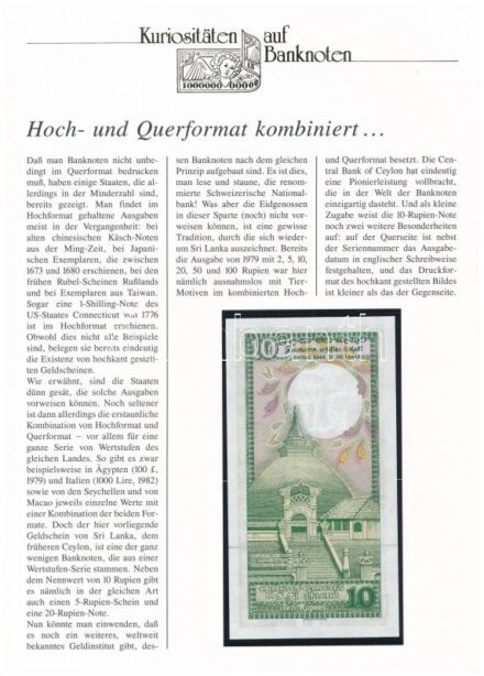 Srí Lanka 1987. 10R, német nyelvű 'Kuriositäten auf Banknoten' tájékoztatólappal T:I Sri Lanka 1987. 10 Rupees, with 'Kuriositäten auf Banknoten' german language information sheet C:UNC