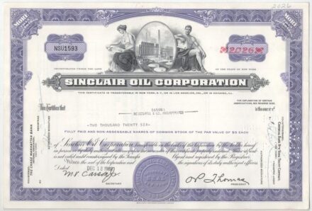 Amerikai Egyesült Államok 1968. 'Sinclair Oil Corporation' 2026db részvénye bélyegzésekkel, lyukasztásokkal érvénytelenítve + 1976. 'Marsh&McLennan Companies, Inc.' 100db részvénye bélyegzésekkel, lyukasztásokkal