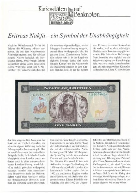 Eritrea 1997. 1N, német nyelvű 'Kuriositäten auf Banknoten' tájékoztatólappal T:I Eritrea 1997. 1 Nakfa, with 'Kuriositäten auf Banknoten' german language information sheet C:UNC