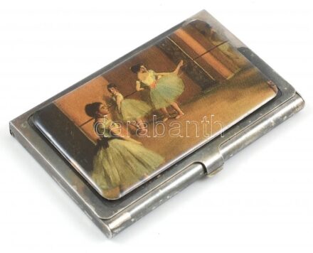 Fém névjegykártya tartó, Degas festménye nyomatával díszítve, kopásnyomokkal, 6x9,5cm