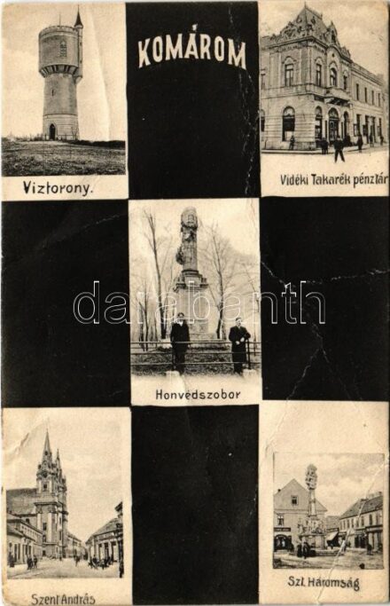 1908 Komárom, Komárno; Víztorony, Vidéki Takarékpénztár, Honvéd szobor, Szent András templom, Szentháromság szobor, üzletek. E.D.K. 189. / water tower, savings bank, military monument, church, Holy Trinity statue, shops (b)
