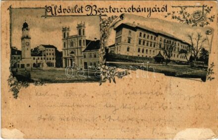 1899 (Vorläufer) Besztercebánya, Banská Bystrica; IV. Béla tér, üzletek, Felsőbb leányiskola. Eugen Vegh kiadása / square, shops, girls' school. Art Nouveau, floral (ragasztónyom / glue marks)