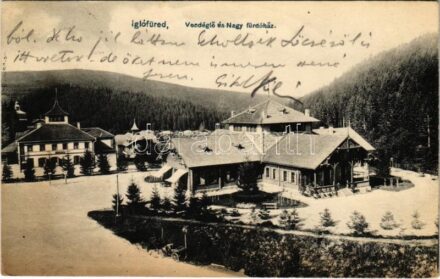 1907 Iglófüred, Bad Zipser Neudorf, Spisská Nová Ves Kupele, Novovesské Kúpele; Vendéglő és Nagy fürdőház. Wlaszlovits Gusztáv kiadása / restaurant, spa, bath (fl)
