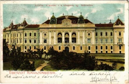 1902 Rimaszombat, Rimavská Sobota; Gömör-Kishont vármegye új székháza, vármegyeháza. Lévai Izsó kiadása / Gemer-Malohont County hall (kis szakadás / small tear)
